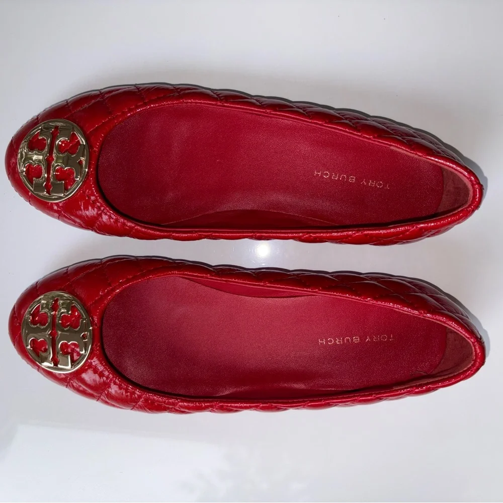 Tory Burch chelsea quilted ballet flat vince patent crinkle, fiesta red/gold sz6 - Picture 3 of 13